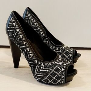Donald J. Pliner Ceci Black and White Beaded Peep Toe Platform Heels